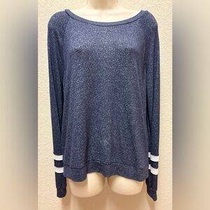 Make + Model Navy Lightweight Sweatshirt with athletic varsity white stripes SzL